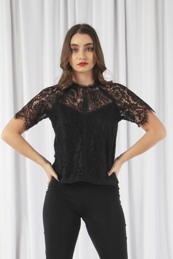 Double Second Black Raglan Sleeve Lace Top