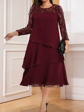 Elegant Red Lace Midi Dress with Long Sleeves for Women