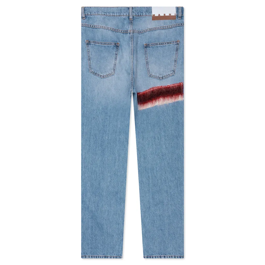 Embroidered Striped Patch Denim Pant - Iris Blue