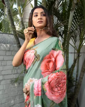 Fern Green And Pink Floral Pattren Sequins Georgette Saree With Tubular Beads Pearl Work Lace Border