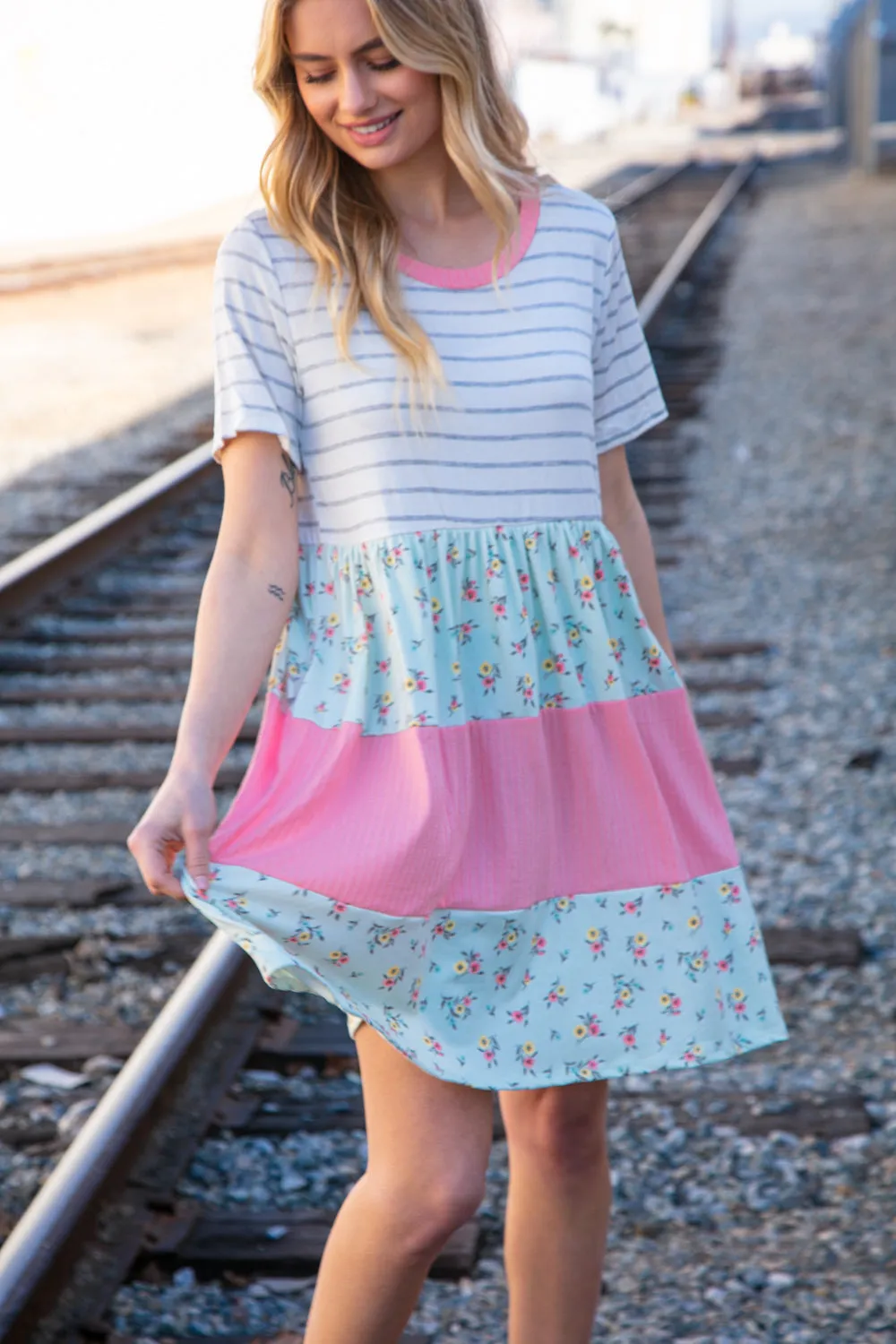 Floral and Stripe Color Block Fit and Flare Rib Dress