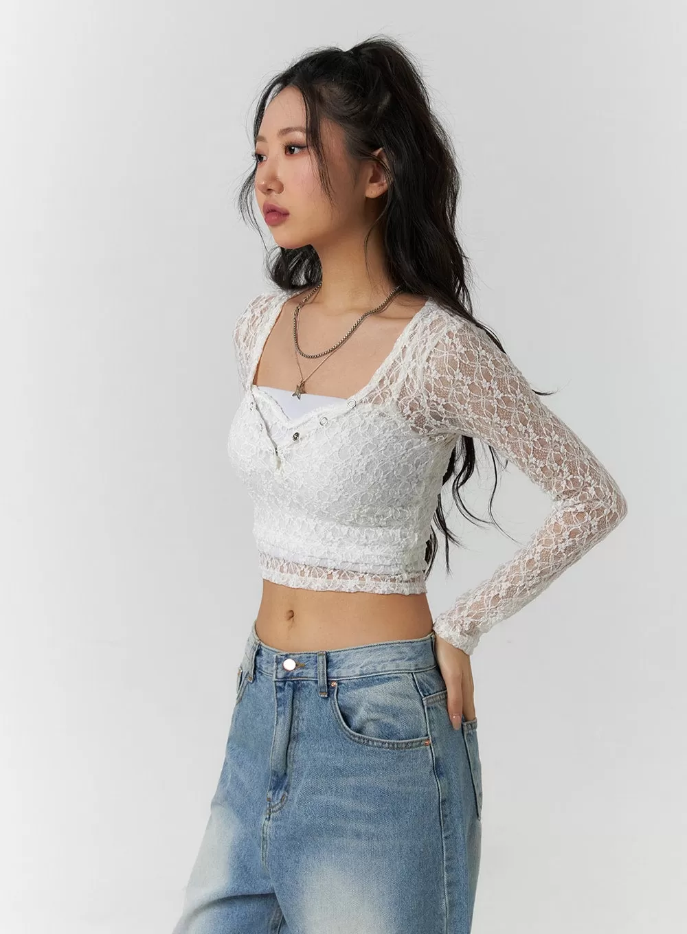 Floral Lace Button Crop Top CF405