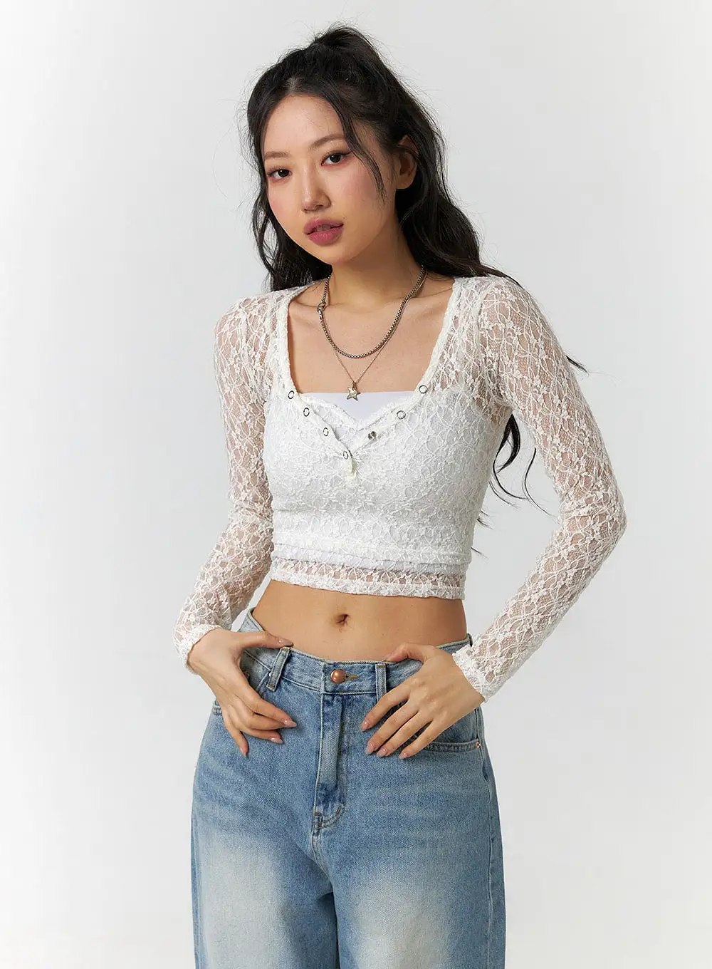 Floral Lace Button Crop Top CF405