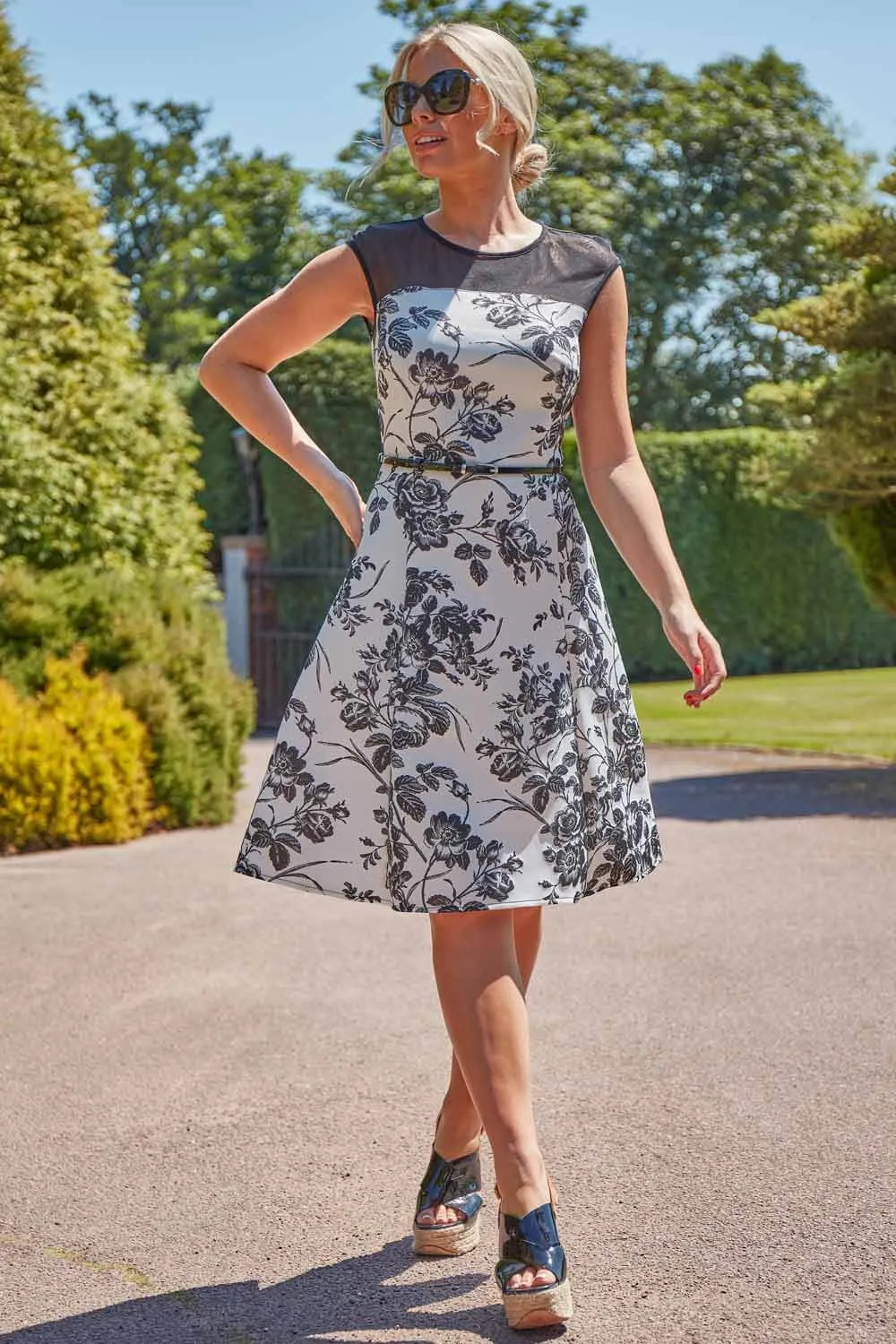 Floral Print Fit and Flare Dress in Ivory - Roman Originals UK