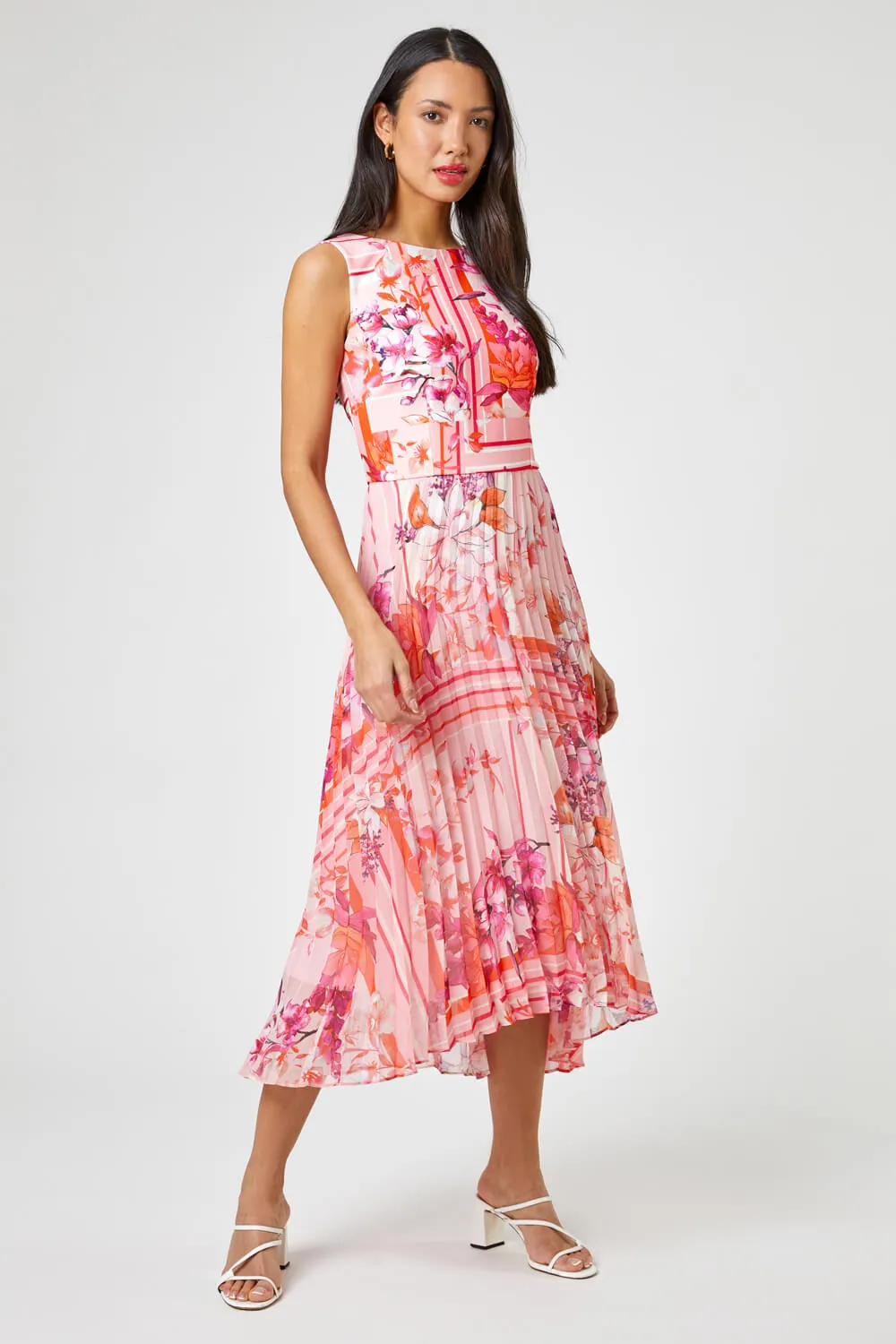 Floral Print Fit And Flare Pleated Dress in Pink - Roman Originals UK