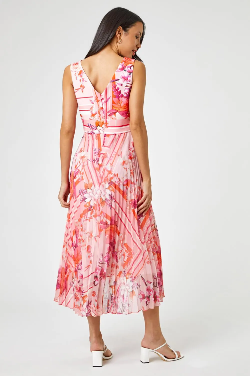 Floral Print Fit And Flare Pleated Dress in Pink - Roman Originals UK