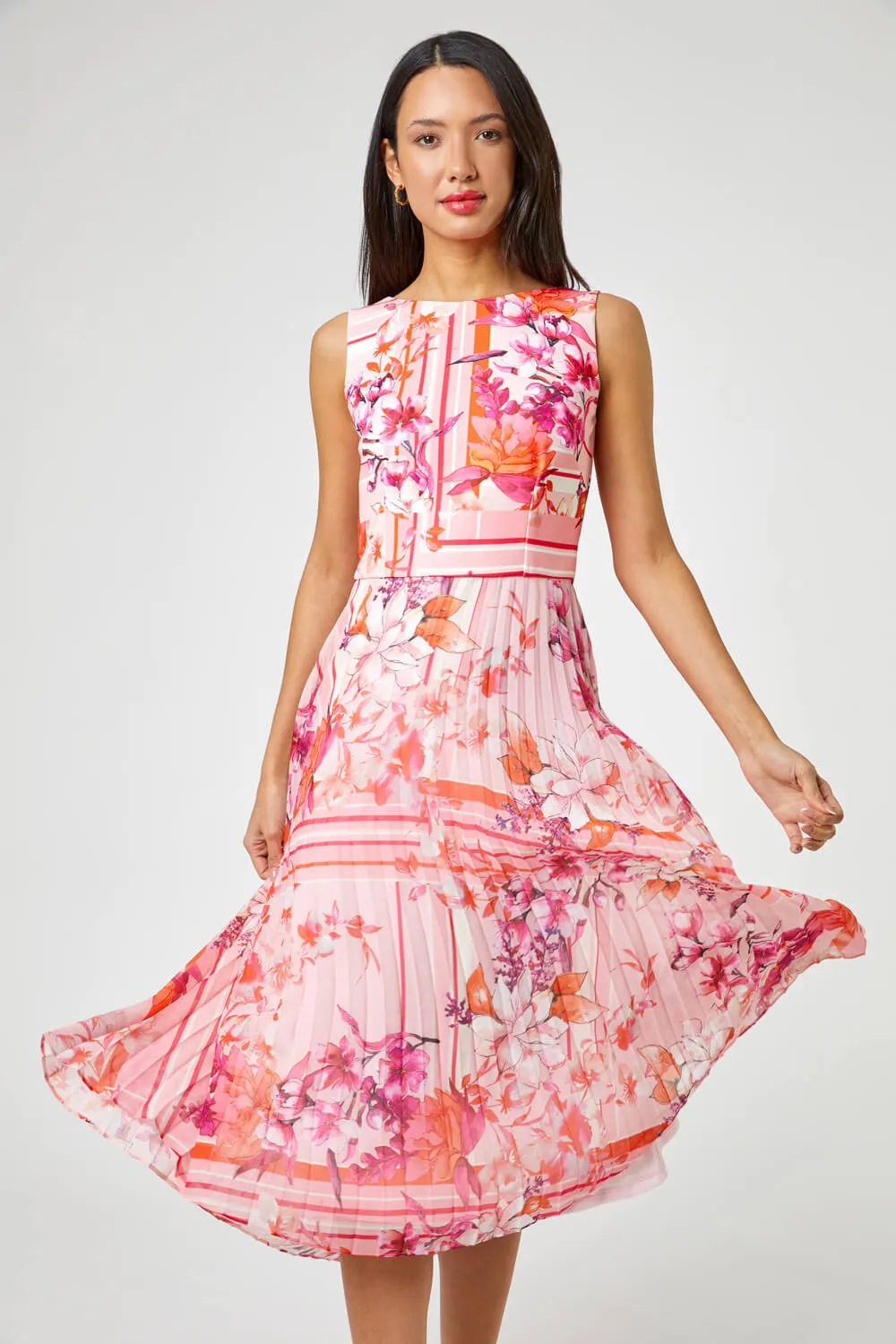 Floral Print Fit And Flare Pleated Dress in Pink - Roman Originals UK