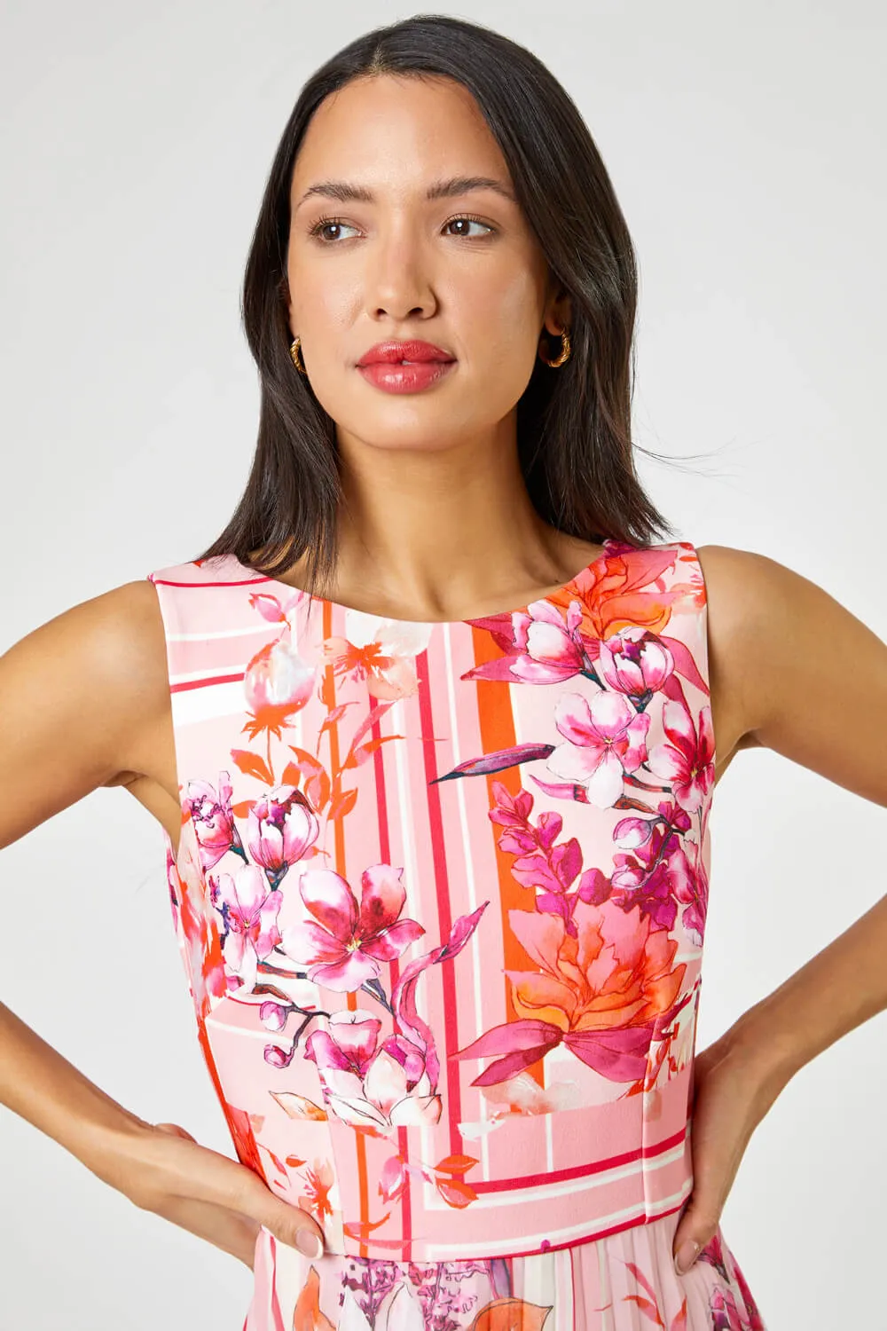 Floral Print Fit And Flare Pleated Dress in Pink - Roman Originals UK