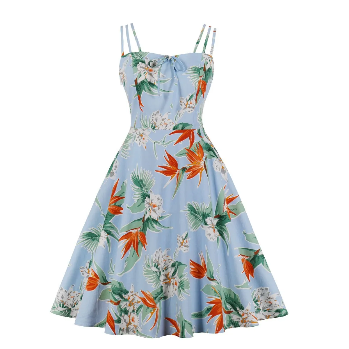 Floral Print Vintage 50s 60s Retro Women Spaghetti Strap Cotton Robe Pin Up Swing Summer Dresses