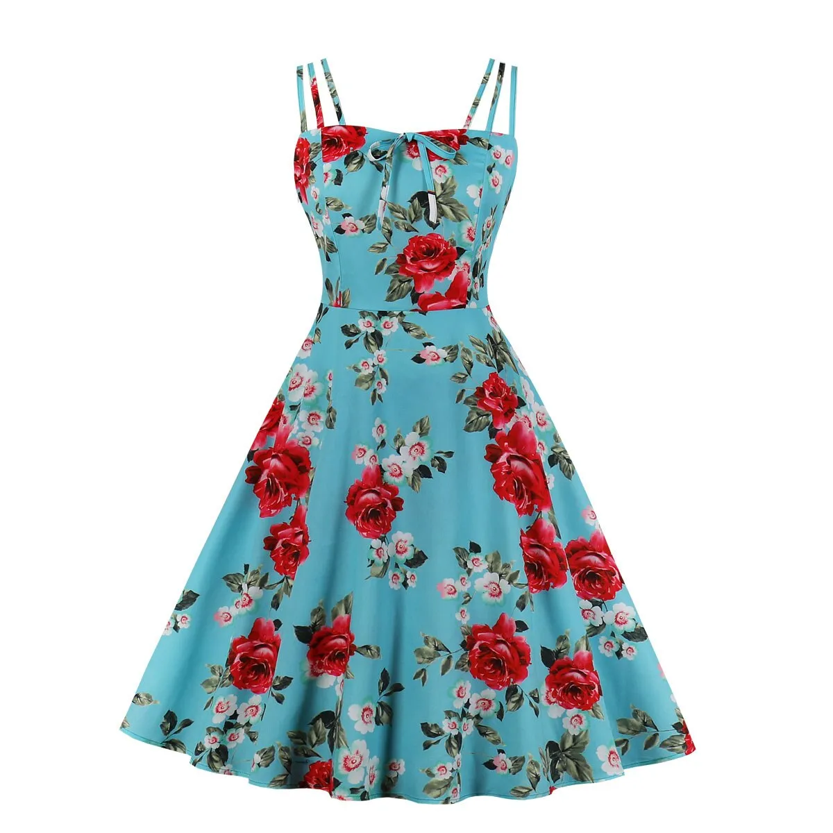 Floral Print Vintage 50s 60s Retro Women Spaghetti Strap Cotton Robe Pin Up Swing Summer Dresses