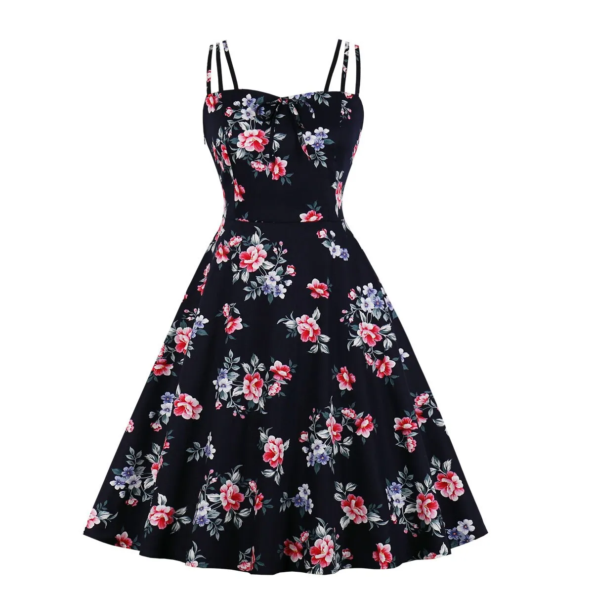 Floral Print Vintage 50s 60s Retro Women Spaghetti Strap Cotton Robe Pin Up Swing Summer Dresses