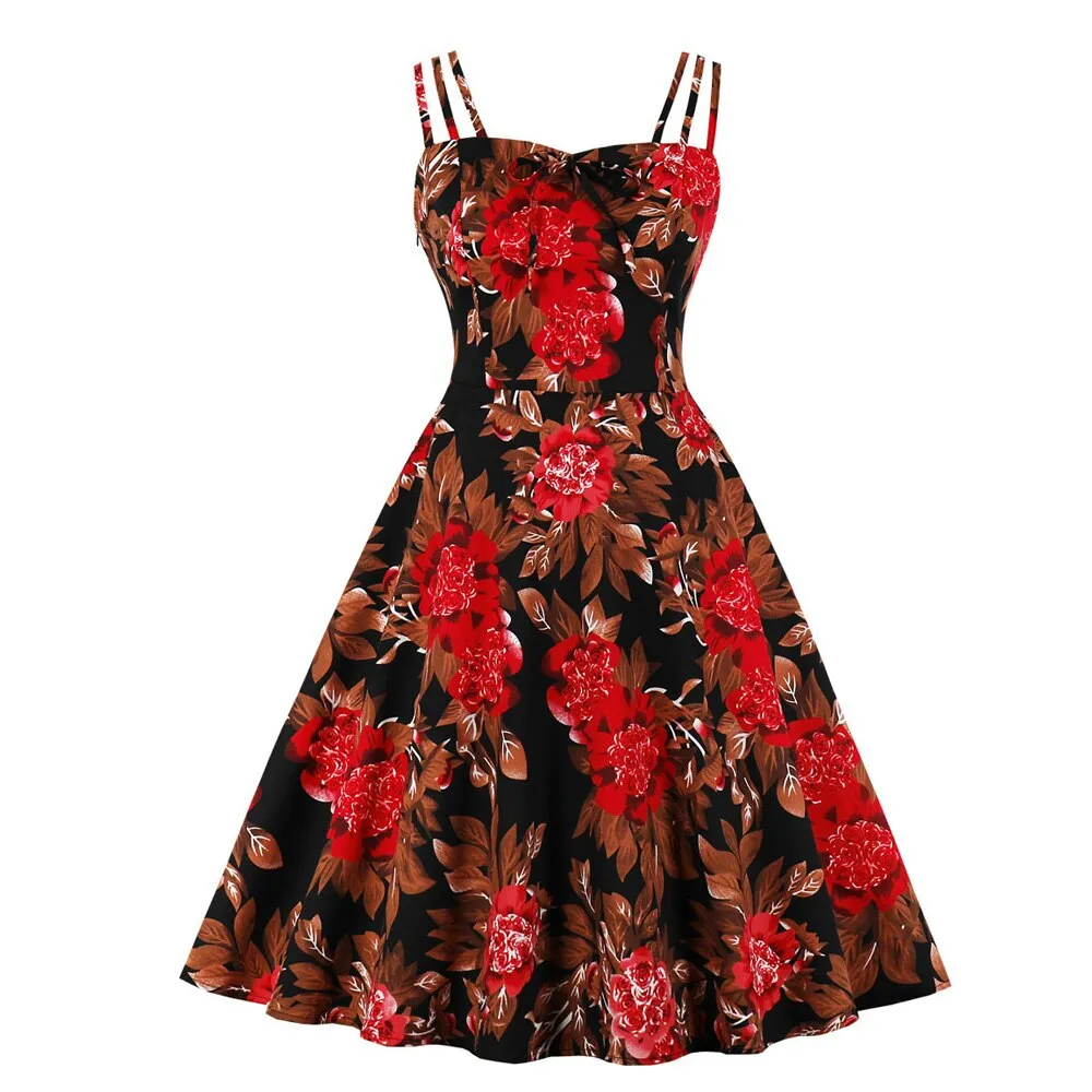 Floral Print Vintage 50s 60s Retro Women Spaghetti Strap Cotton Robe Pin Up Swing Summer Dresses