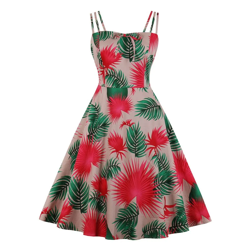 Floral Print Vintage 50s 60s Retro Women Spaghetti Strap Cotton Robe Pin Up Swing Summer Dresses