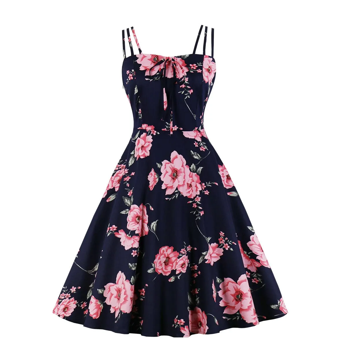 Floral Print Vintage 50s 60s Retro Women Spaghetti Strap Cotton Robe Pin Up Swing Summer Dresses