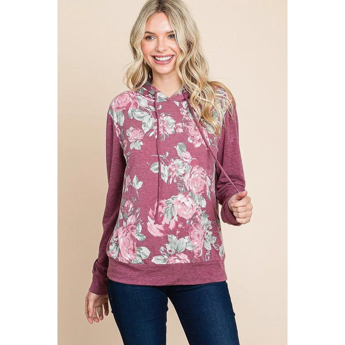 Floral Printed Contrast Hoodie With Relaxed Fit And Cuff Detail