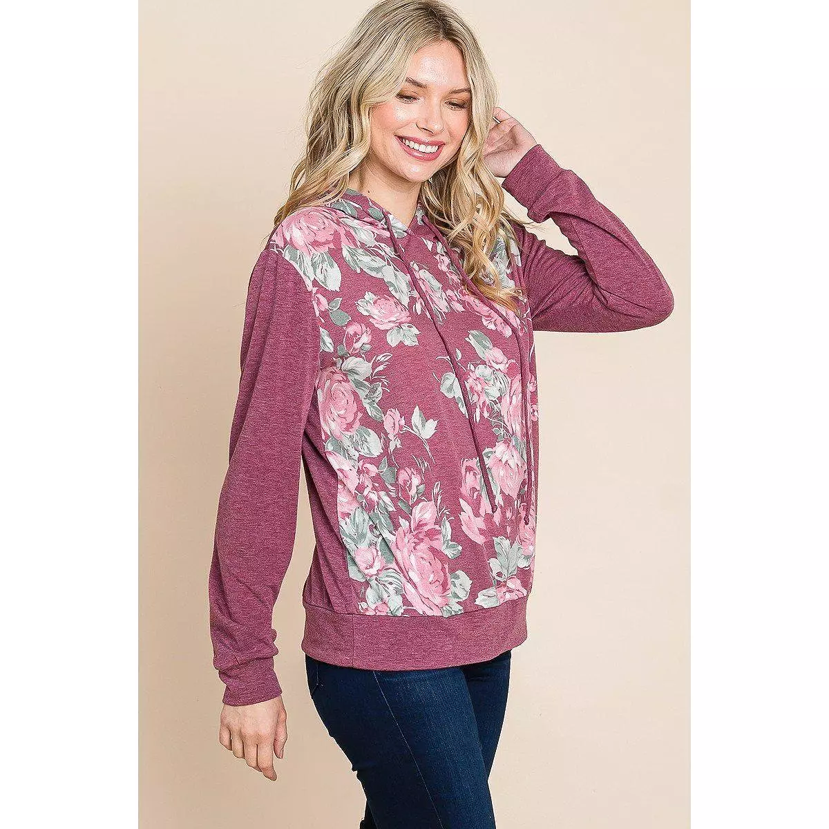 Floral Printed Contrast Hoodie With Relaxed Fit And Cuff Detail