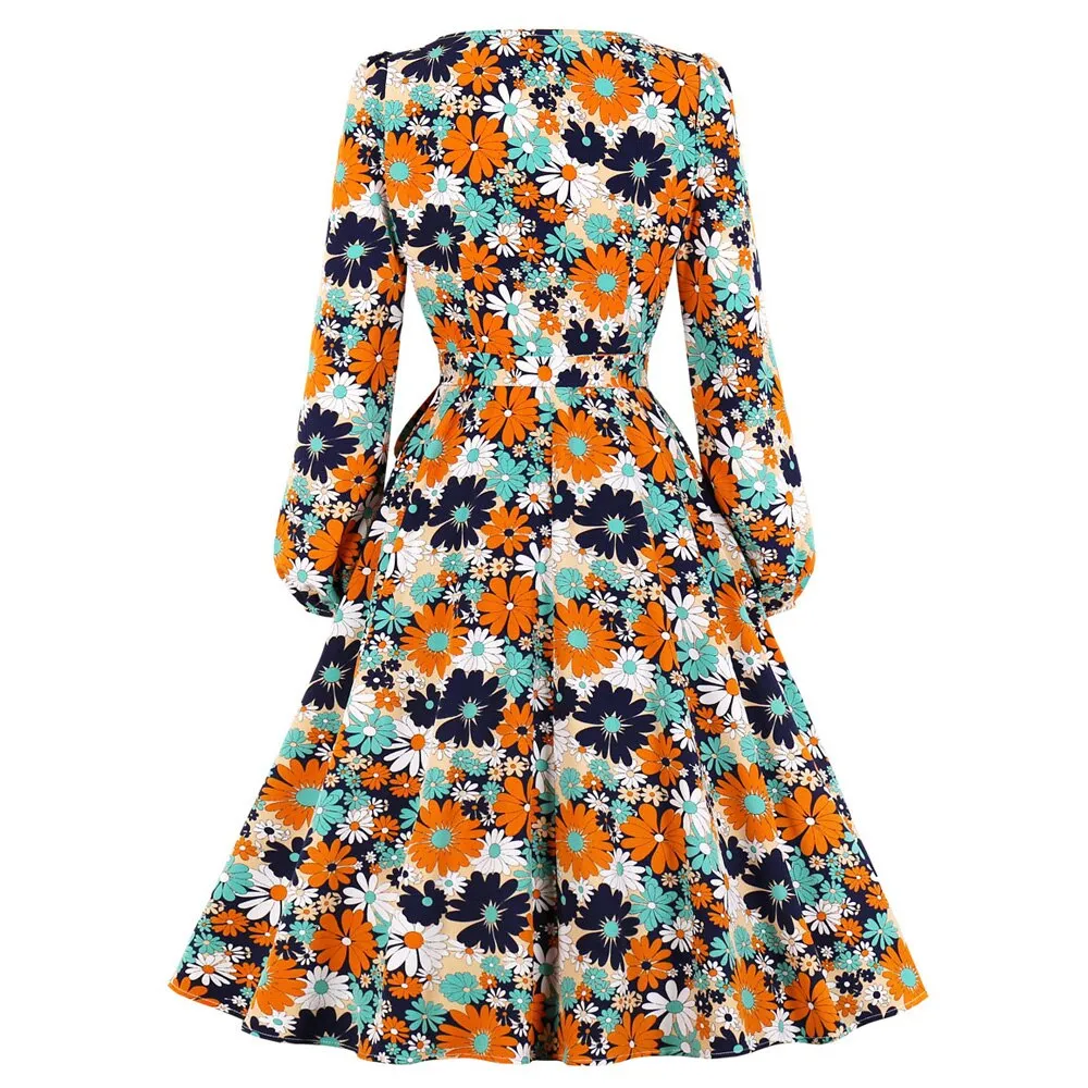 Floral Vintage 50s 60s Retro Women Long Sleeve Sashes Robe Pin Up Swing Elegant Casual Dress