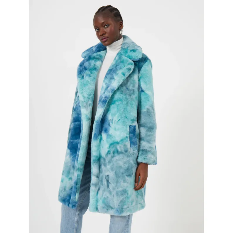 French Connection Buona Tie Dye Faux Fur Long Coat - Indigo Multi