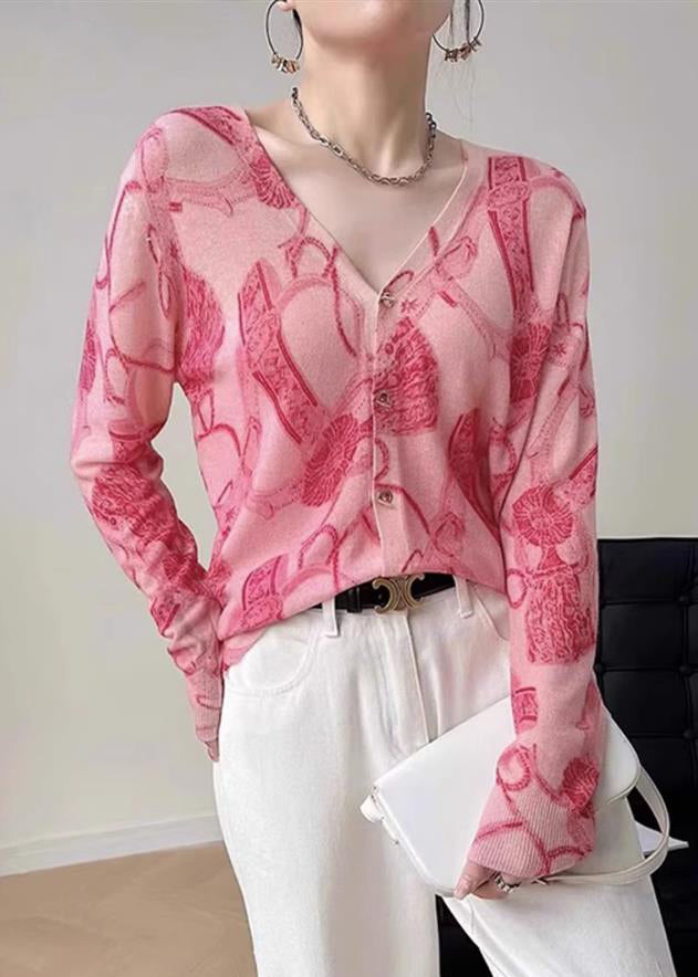 French Pink Print V Neck Button Knit Tops Long Sleeve AS1091