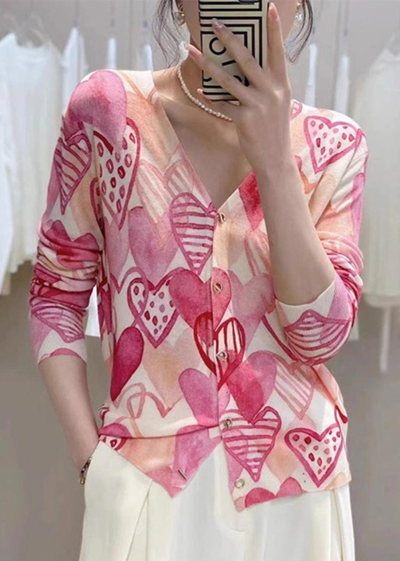 French Pink Print V Neck Button Knit Tops Long Sleeve AS1091