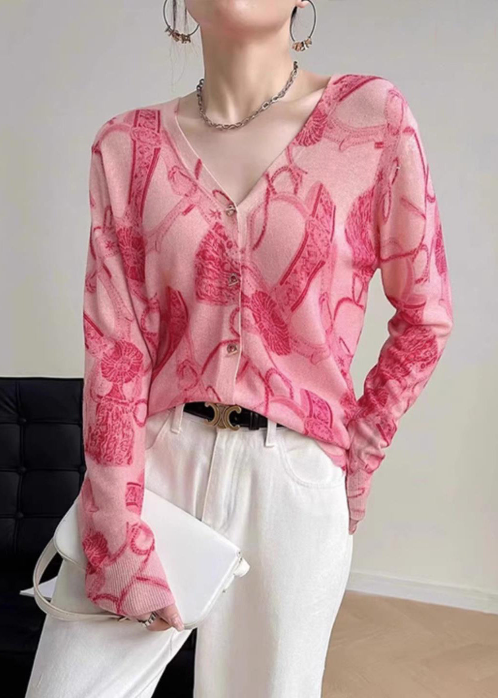 French Pink Print V Neck Button Knit Tops Long Sleeve AS1091