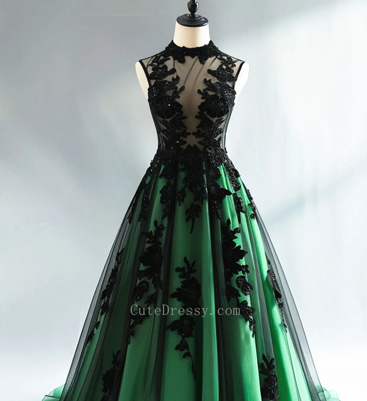 Green and Black Tulle with Lace Party Dress, Green and Black Prom Dress