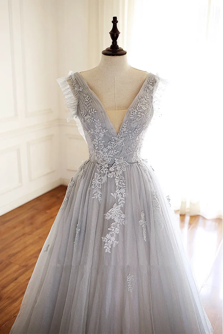 Grey Lace and Tulle V-neckline Long Party Dress Formal Dress, Grey New Style Prom Dress