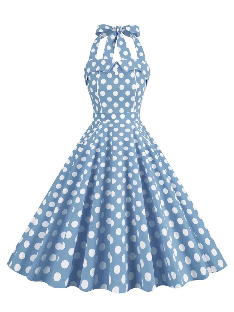 Halter Backless Evening Party Women Vintage Polka Dot Rockabilly Dress Lace Up Back Belted Pocket Fit and Flare Dresses