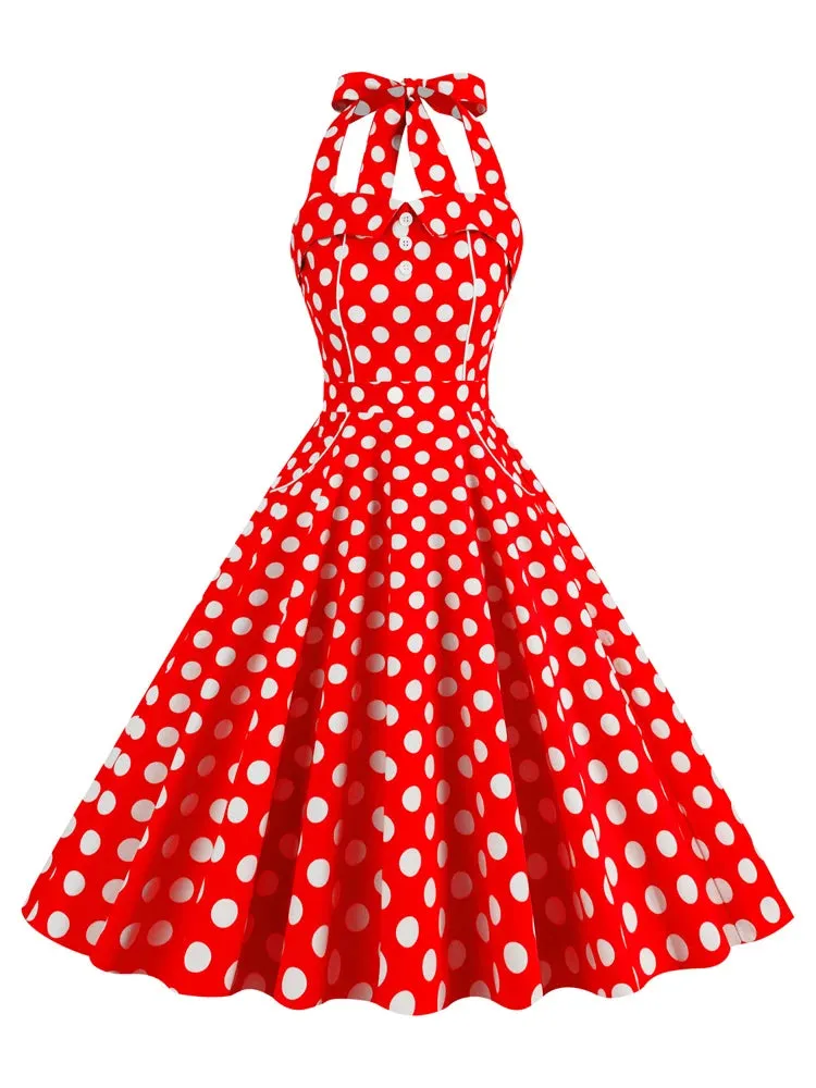 Halter Backless Evening Party Women Vintage Polka Dot Rockabilly Dress Lace Up Back Belted Pocket Fit and Flare Dresses