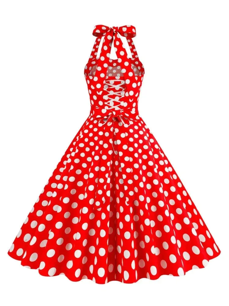 Halter Backless Evening Party Women Vintage Polka Dot Rockabilly Dress Lace Up Back Belted Pocket Fit and Flare Dresses