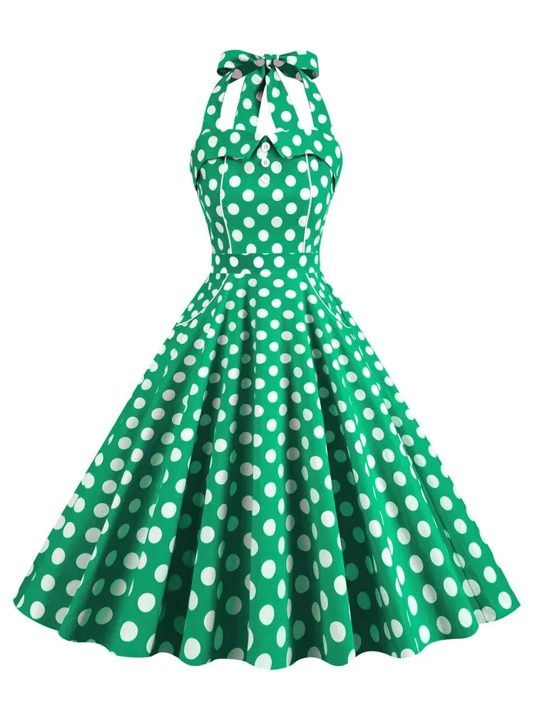 Halter Backless Evening Party Women Vintage Polka Dot Rockabilly Dress Lace Up Back Belted Pocket Fit and Flare Dresses