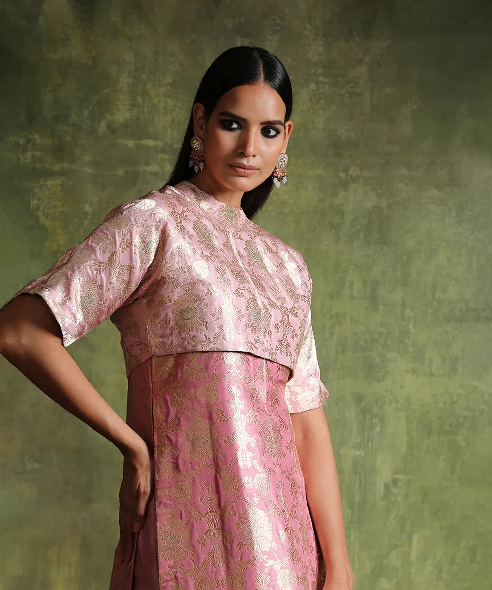 Handloom Dusty Pink Pure Katan Silk Brocade Kurta With Jacket And Raw Silk Pants