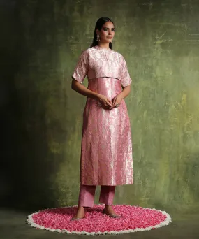 Handloom Dusty Pink Pure Katan Silk Brocade Kurta With Jacket And Raw Silk Pants