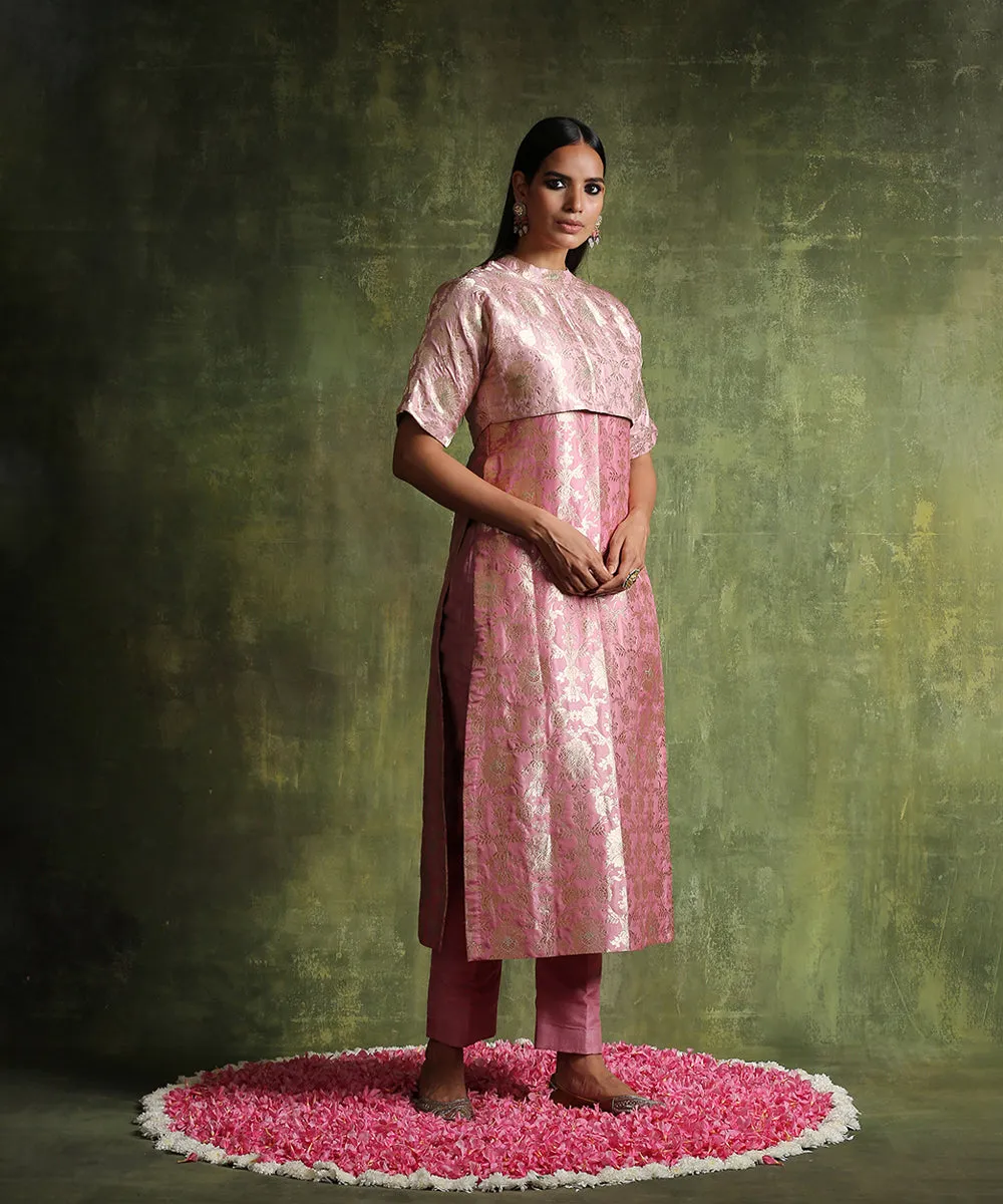 Handloom Dusty Pink Pure Katan Silk Brocade Kurta With Jacket And Raw Silk Pants