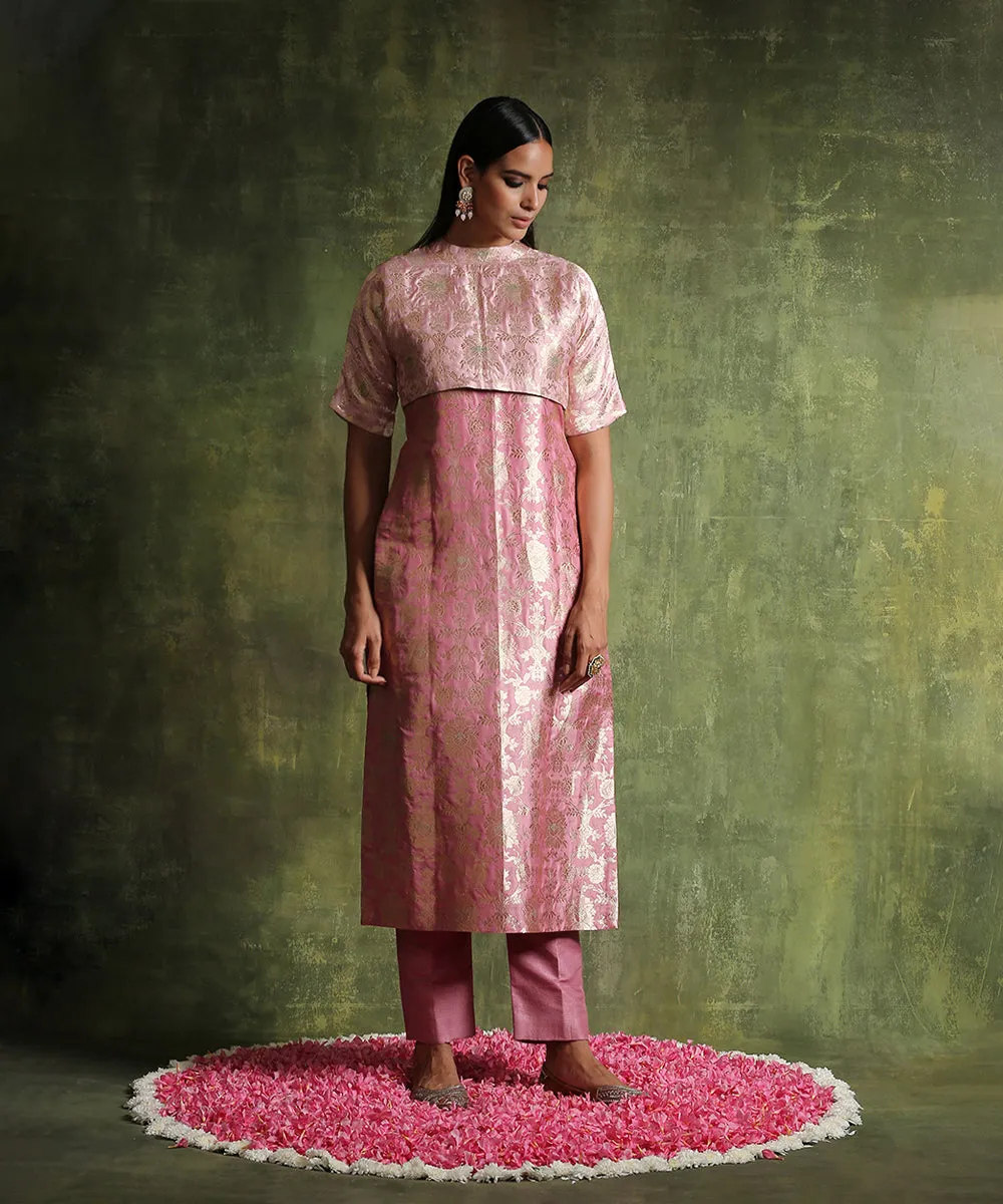 Handloom Dusty Pink Pure Katan Silk Brocade Kurta With Jacket And Raw Silk Pants