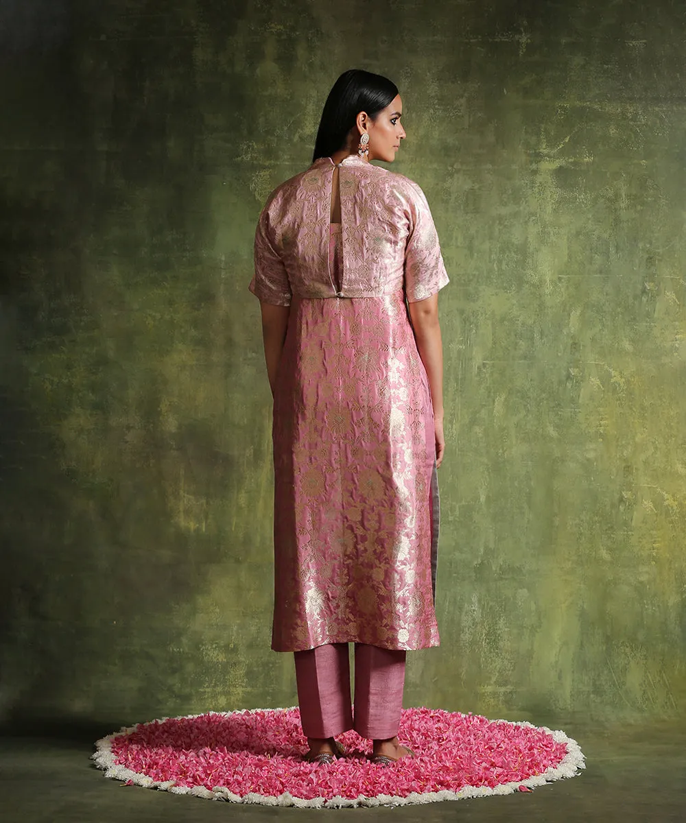 Handloom Dusty Pink Pure Katan Silk Brocade Kurta With Jacket And Raw Silk Pants