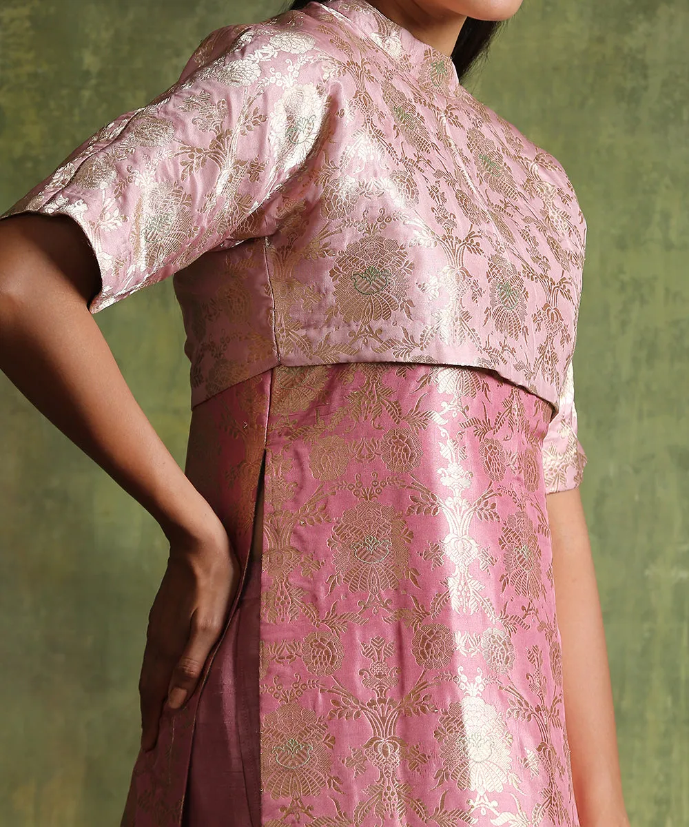 Handloom Dusty Pink Pure Katan Silk Brocade Kurta With Jacket And Raw Silk Pants