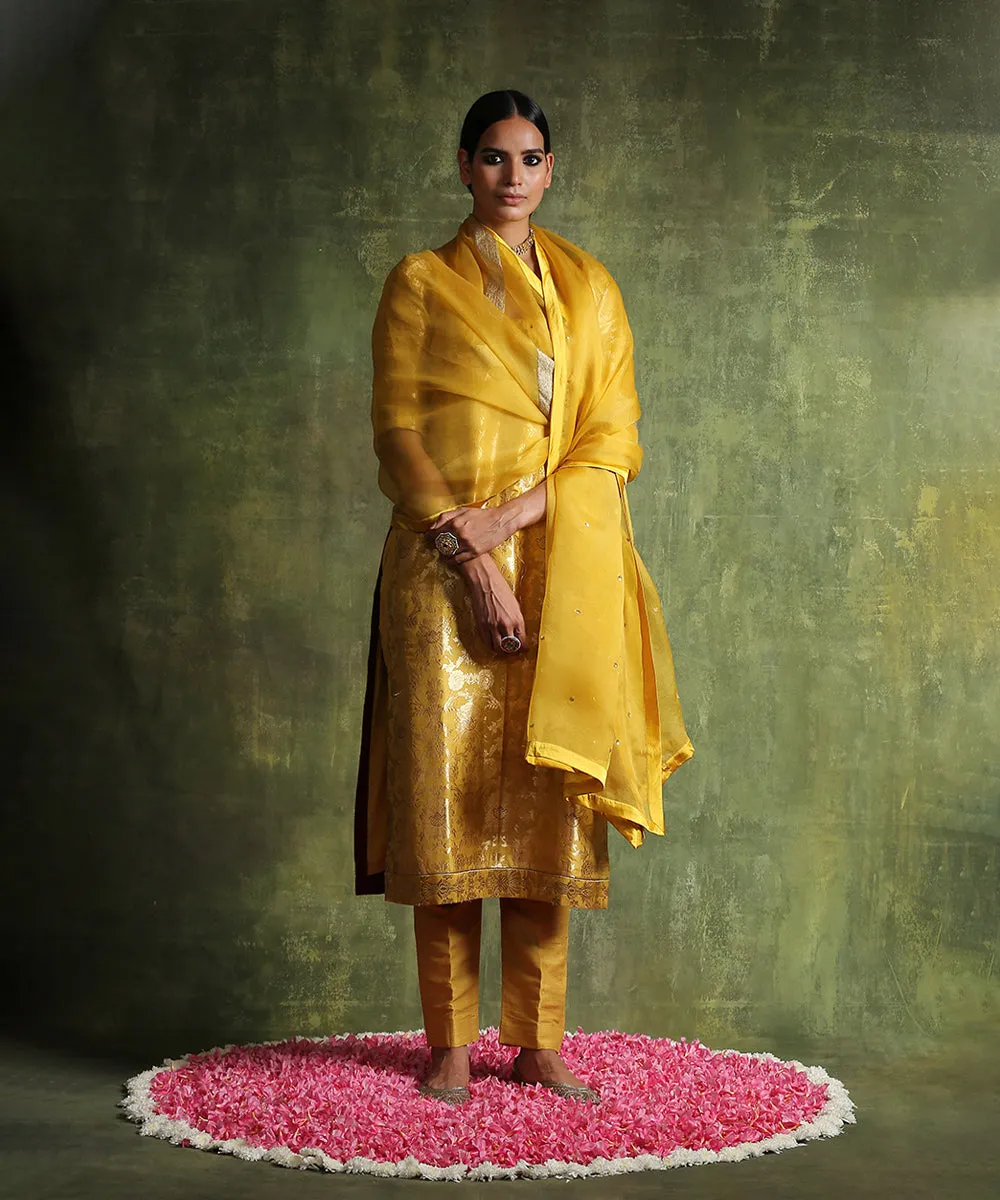 Handloom Mustard Yellow Pure Katan Silk Brocade Kurta with Pants And Organza Dupatta