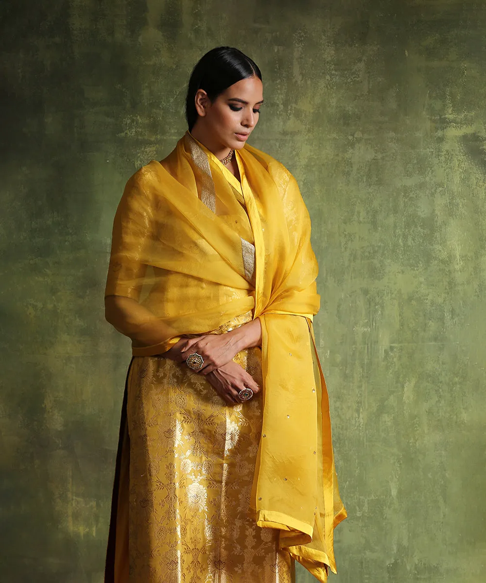 Handloom Mustard Yellow Pure Katan Silk Brocade Kurta with Pants And Organza Dupatta