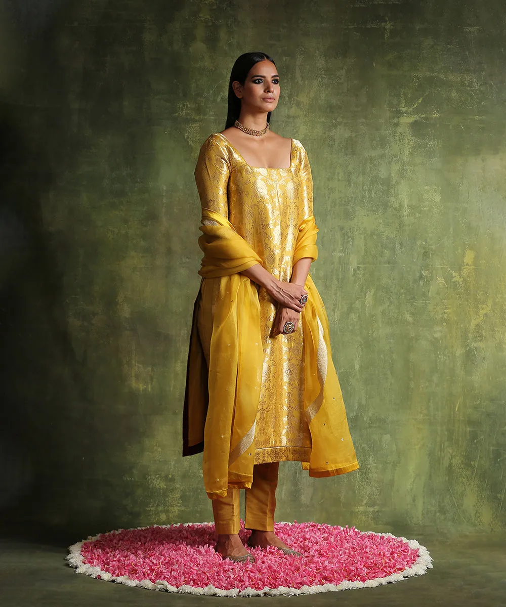 Handloom Mustard Yellow Pure Katan Silk Brocade Kurta with Pants And Organza Dupatta