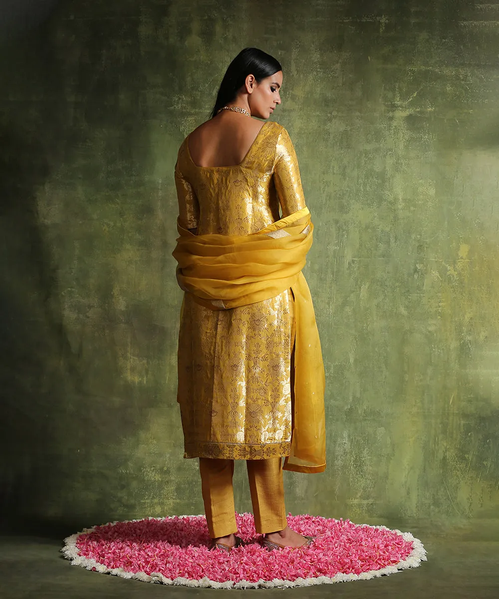 Handloom Mustard Yellow Pure Katan Silk Brocade Kurta with Pants And Organza Dupatta