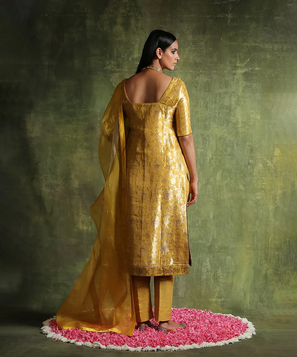 Handloom Mustard Yellow Pure Katan Silk Brocade Kurta with Pants And Organza Dupatta