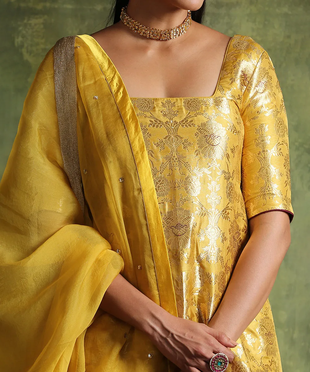 Handloom Mustard Yellow Pure Katan Silk Brocade Kurta with Pants And Organza Dupatta