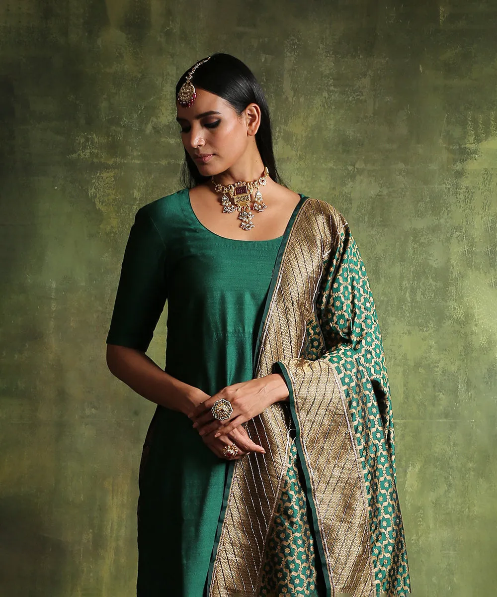 Handloom Pine Green Moonga Silk Kurta With Brocade Pants