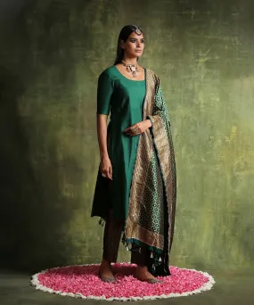 Handloom Pine Green Moonga Silk Kurta With Brocade Pants