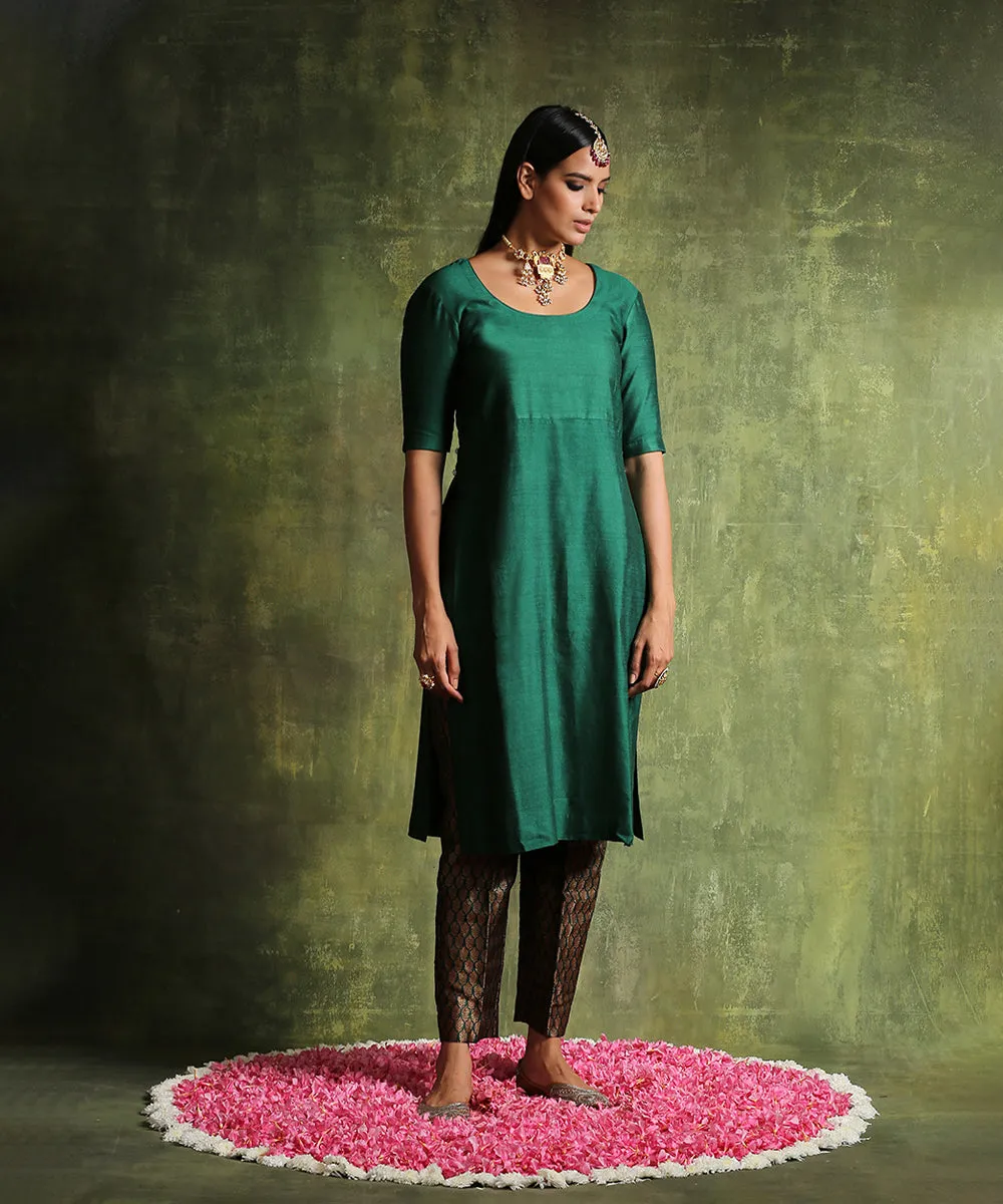 Handloom Pine Green Moonga Silk Kurta With Brocade Pants