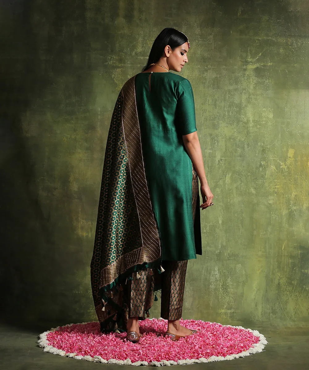 Handloom Pine Green Moonga Silk Kurta With Brocade Pants