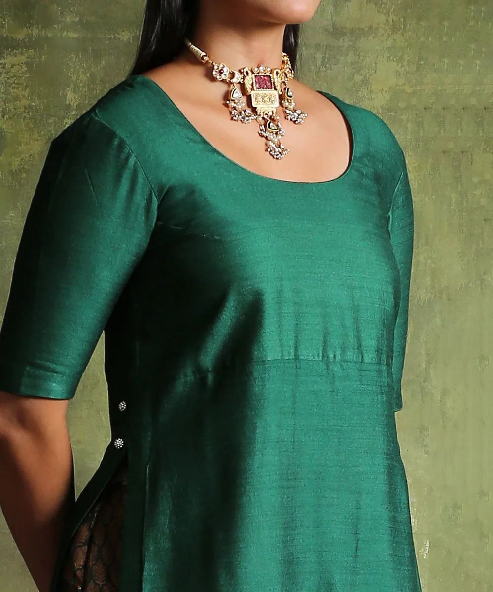 Handloom Pine Green Moonga Silk Kurta With Brocade Pants