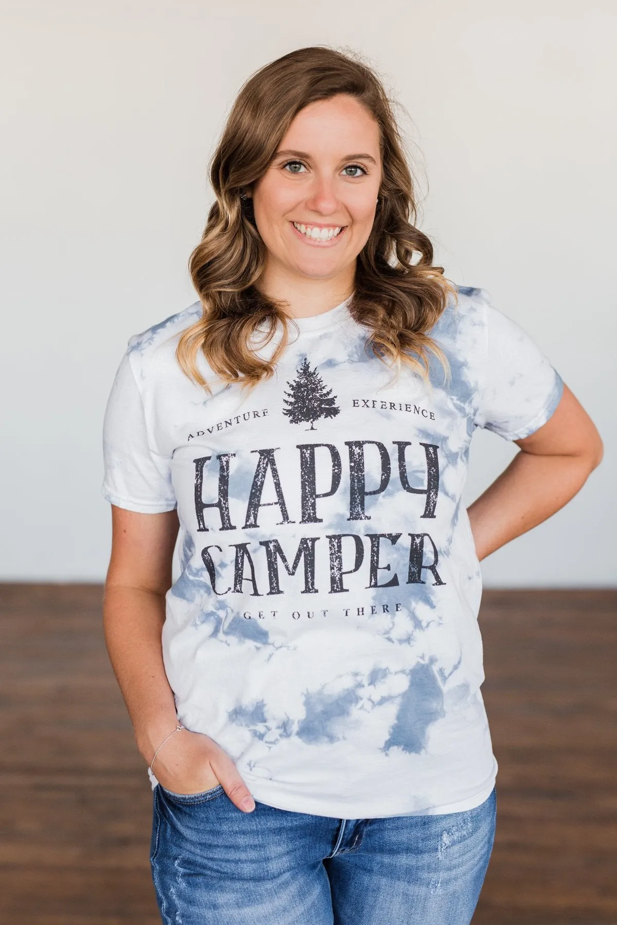 Happy Camper Tie Dye Graphic Tee- Navy & Ivory