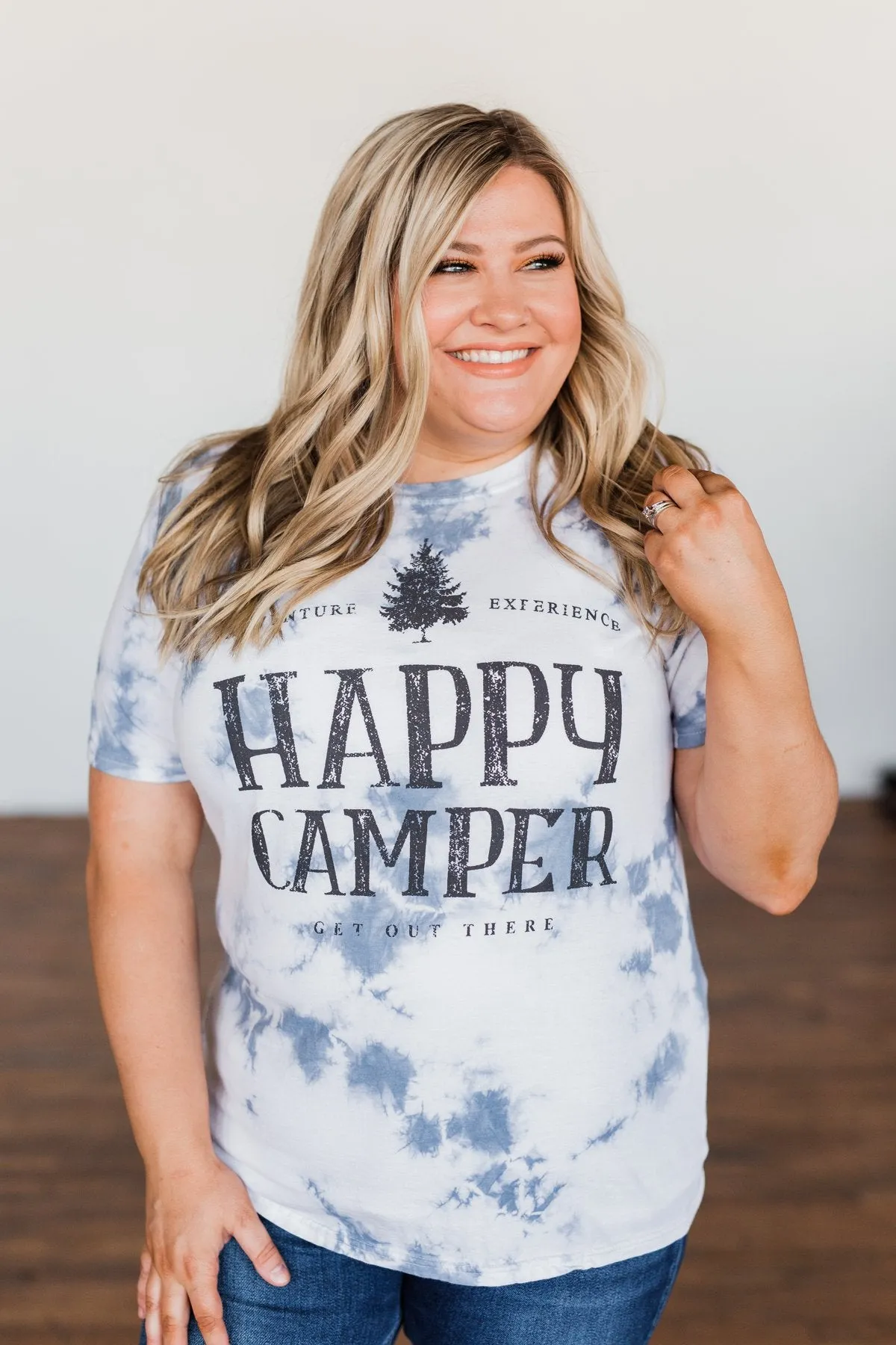 Happy Camper Tie Dye Graphic Tee- Navy & Ivory